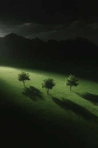 Cinematic Chiaroscuro Minimalism style reference image — saturated green textures