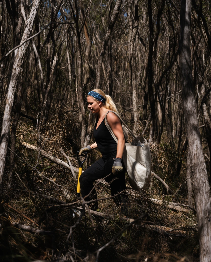 A blonde woman in her 20s or 30s hikes through a dense, dry forest, stepping over fallen branches and brush. She wears a black tank top, black pants, work gloves, and a blue patterned headband, and carries a large light-colored canvas bag over her left shoulder and a shovel with a yellow handle in her right hand. The environment is crowded with numerous thin, bare tree trunks and tangled underbrush, dominated by muted browns, grays, and deep greens. Bright sunlight filters through the canopy, casting strong, contrasting shadows across the woman and the forest floor. The scene is captured with a medium shot, framing the woman amidst the chaotic vertical lines of the trees, highlighting the ruggedness of the terrain and her determined posture.