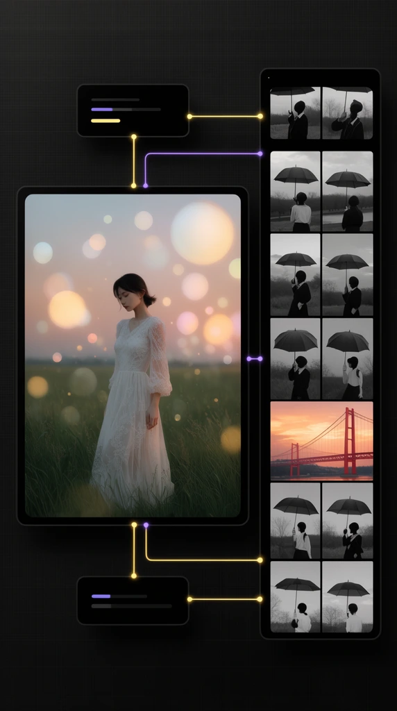 dark modular digital interface, subtle grid background, floating panels connected by glowing yellow and purple lines, central frame displaying a woman in a white lace dress in a grassy field with large bokeh orbs at twilight, right sidebar gallery containing image grids of black and white figures with umbrellas and a red suspension bridge at sunset, sleek dark mode layout