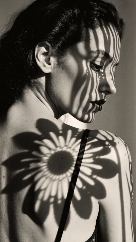 A close-up profile portrait of a woman features intricate floral-patterned shadows cast across her face and bare shoulder. Her head is turned away from the lens, looking downwards with a dark-lipped profile visible against a neutral, out-of-focus background. Dark, textured hair is pulled back from her face, revealing a sharp jawline and the slope of her neck. A high-contrast light source projects a large, stylized flower pattern onto her skin, with a central circular motif and radiating petals resting prominently on her upper back and left shoulder blade. Elongated vertical shadows stripe across her forehead, the bridge of her nose, and her cheek, creating a rhythmic play of light and dark. A thin, dark strap of a garment crosses her shoulder, bisecting the floral shadow pattern. The photograph is captured in a monochromatic sepia tone with a visible film grain, emphasizing the high-contrast lighting and the organic shapes of the shadows. The camera angle is positioned from behind the woman's left side, focusing on the interplay of the light patterns and the physical contours of her body.