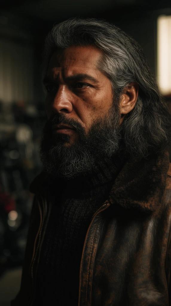 A tight close-up portrait of a rugged Hispanic man with a thick beard and long graying hair, looking intensely to the left with a stoic expression. He wears a weathered leather aviator jacket over a dark knit turtleneck. Dramatic low-key lighting plunges the left side of his face into deep shadow, while warm light illuminates the right, emphasizing his textured skin. The heavily blurred background features an indistinct, dimly lit garage with vague metallic shapes and a single vertical streak of diffused ambient light.