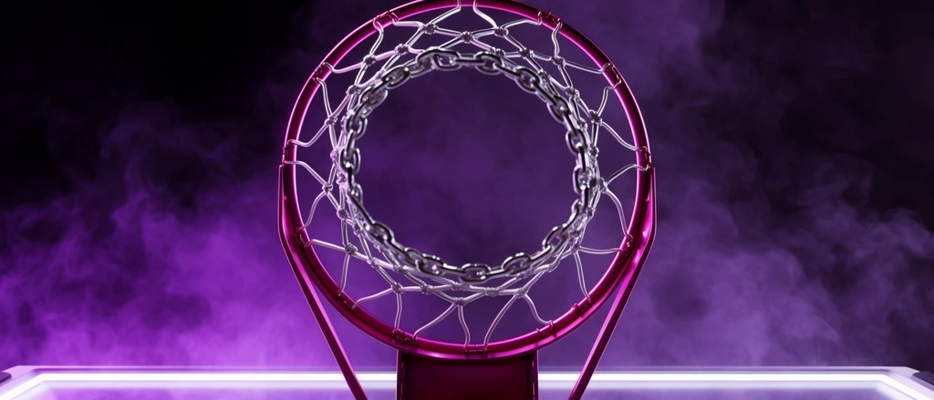 bottom-up perspective of a basketball hoop, glossy metallic magenta rim, heavy silver chain-link net, dramatic neon purple lighting, dark background with swirling volumetric purple smoke, glowing white neon edge at the base, 3D render, cyberpunk aesthetic, cinematic studio lighting, high contrast