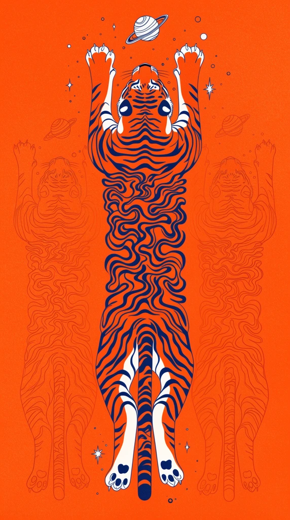 surreal illustration of an elongated tiger leaping upwards, upper and lower body connected by a dense column of swirling ribbon-like wavy lines, bright orange with navy blue stripes and white accents, reaching toward a small ringed planet, flanked symmetrically by faded outline-only duplicates of the tiger, solid vibrant orange background with grainy stipple texture, scattered celestial stars and bubbles, limited tri-color palette, fluid vector art screen print aesthetic