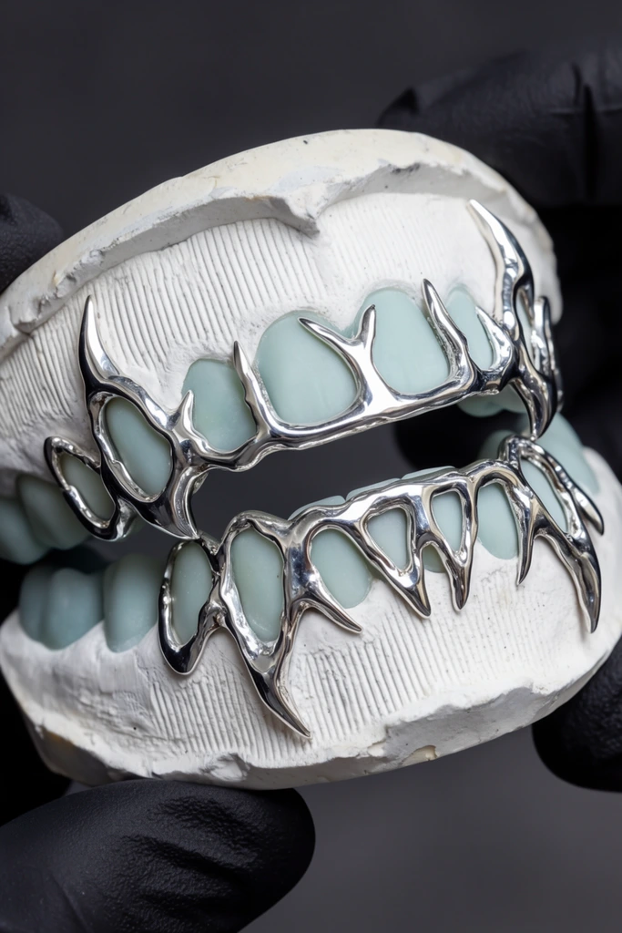 A macro photograph of custom silver dental grillz mounted on a two-piece mouth mold. Liquid-like, high-polish silver metal stretches across the upper and lower dental arches in an intricate, dripping skeletal design with fang-like extensions. The mold consists of textured white plaster bases with vertical striations and pale blue-green silicone teeth. Hands in matte black nitrile gloves grip the plaster edges, holding the jaws slightly parted. Bright studio lighting creates sharp reflections on the metallic surfaces, contrasting with the porous matte plaster and smooth rubber against a dark grey background.