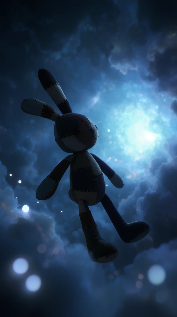 A dark, patchwork stuffed rabbit floats weightlessly in a deep blue nebulous expanse. The heavily stitched plush figure has long segmented ears and thin limbs, drifting backward with its arms gently splayed. Billowing cloud formations glow from an intense central cyan light source, surrounded by bright floating orbs and large foreground bokeh. The cinematic 3D render uses a shallow depth of field and dramatic volumetric lighting to silhouette the toy against the radiant, dreamlike backdrop.