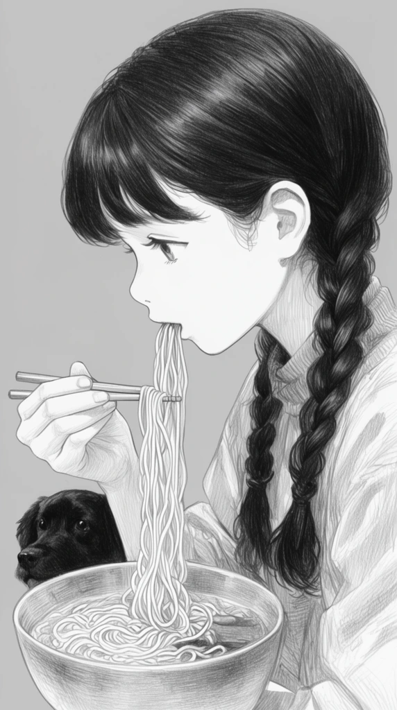 monochrome illustration, young girl in side profile eating noodles with chopsticks, thick twin braids, black dog peering over her shoulder, bowl of long noodles, highly detailed pencil shading, cross-hatching texture, solid light grey background
