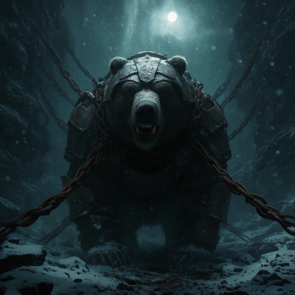 colossal armored bear secured by massive rusted cables, dark snowy canyon environment, moonlight filtering down, cinematic teal lighting, heavy blizzard, somber mood