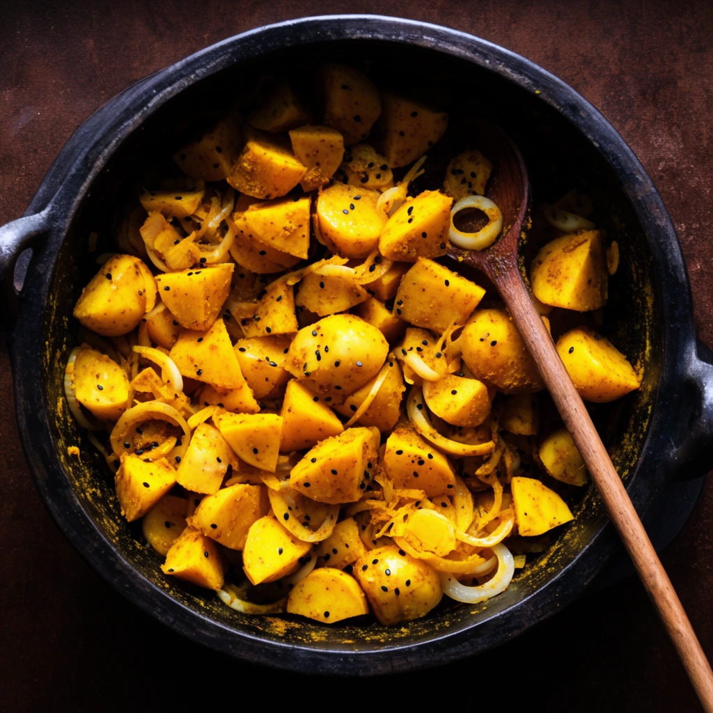 Directly overhead view of a dark rustic cooking pot filled with vibrant yellow spice-coated chunks of root vegetables, sliced onions, and black seeds. A wooden spoon rests in the right side of the dish. The round pot sits on a dark brown textured surface under high-contrast lighting, highlighting the warm golden hues of the food against deep surrounding shadows.