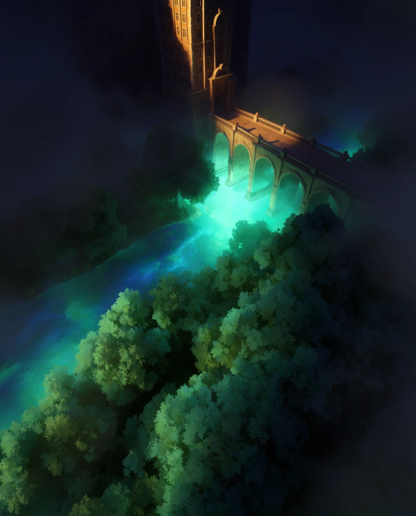 A forested riverbank with dense trees in the foreground borders a glowing river flowing toward a multi-arched bridge and a towering building, rendered in a heavily shadowed, stylized 3D fantasy aesthetic. The high-angle, steep downward perspective is enveloped in thick volumetric fog and deep, enveloping shadows that create a dramatic dark vignette around the perimeter of the composition. An intense, bioluminescent neon cyan light emanates directly from the water, casting vibrant teal illumination onto the lower arches of the bridge and the textured, painterly foliage of the emerald green trees. A stark, warm golden directional light strikes the upper architecture of the tall building and the top of the bridge, establishing a striking complementary color contrast of radiant cyan and bronze against the midnight blue and pitch-black ambient environment. The crisp lines of the architecture juxtapose with the soft, stylized, dense organic shapes of the foreground canopy, resulting in an enchanting, highly atmospheric, and cinematic conceptual environment design.