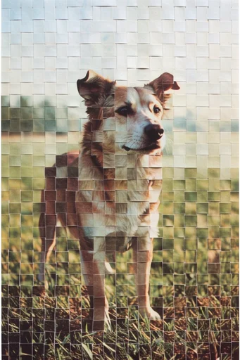 Deconstructed Analog Surrealism style reference image — pixelated geometric overlay