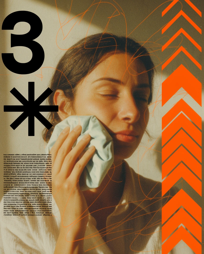A vintage mixed-media portrait captures a woman holding an ice pack to her cheek against a sunlit wall. The woman presses the object to her face under harsh, directional sunlight casting deep shadows, rendered with warm, nostalgic film grain and sepia color grading. Superimposed across the entire composition are erratic, thin bright orange scribbled lines. Bold black graphic design elements, including a large typographic number, a sharp asterisk, and tight blocks of illegible text, float in the negative space. Vivid orange geometric chevrons stack vertically along the right edge, sharply contrasting the faded photographic background.