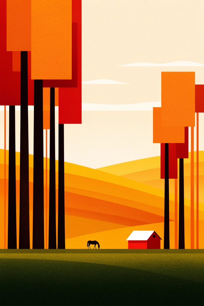 stylized minimalist vector landscape, towering dark tree trunks, geometric orange and red rectangular canopies, rolling golden hills with layered gradients, small red barn with white pitched roof, tiny silhouette of a grazing horse, dark green foreground meadow, pale cream sky, minimal horizontal clouds, warm autumnal color palette, grainy stipple texture, flat graphic composition