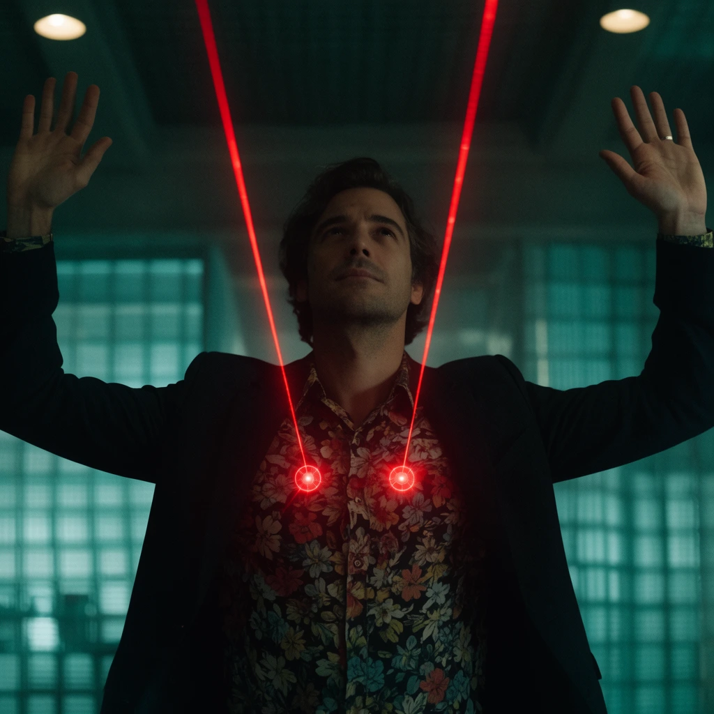 A man stands with arms raised in surrender, wearing a dark blazer over a floral shirt. Two glowing red laser sights target his chest, with sharp red beams extending diagonally upward. The dimly lit interior features cinematic teal lighting, softly blurred grid-like translucent panels, and overhead lights. His expression is calm and upward-gazing.