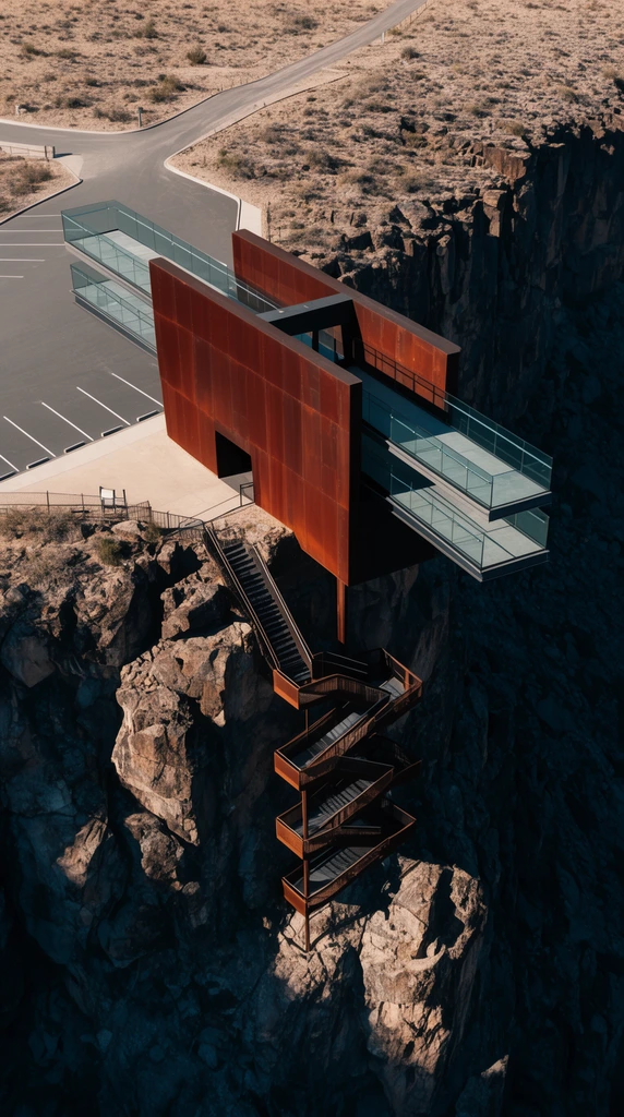 high-angle aerial view of a modern architectural observation deck built into a rugged cliff, rusted corten steel exterior, cantilevered glass walkways extending over a dark canyon abyss, adjacent paved parking area, lower zig-zagging steel staircases clinging to the rocky face, stark geometric structure contrasting with jagged terrain, harsh directional sunlight casting deep shadows, arid environment, architectural landscape photography