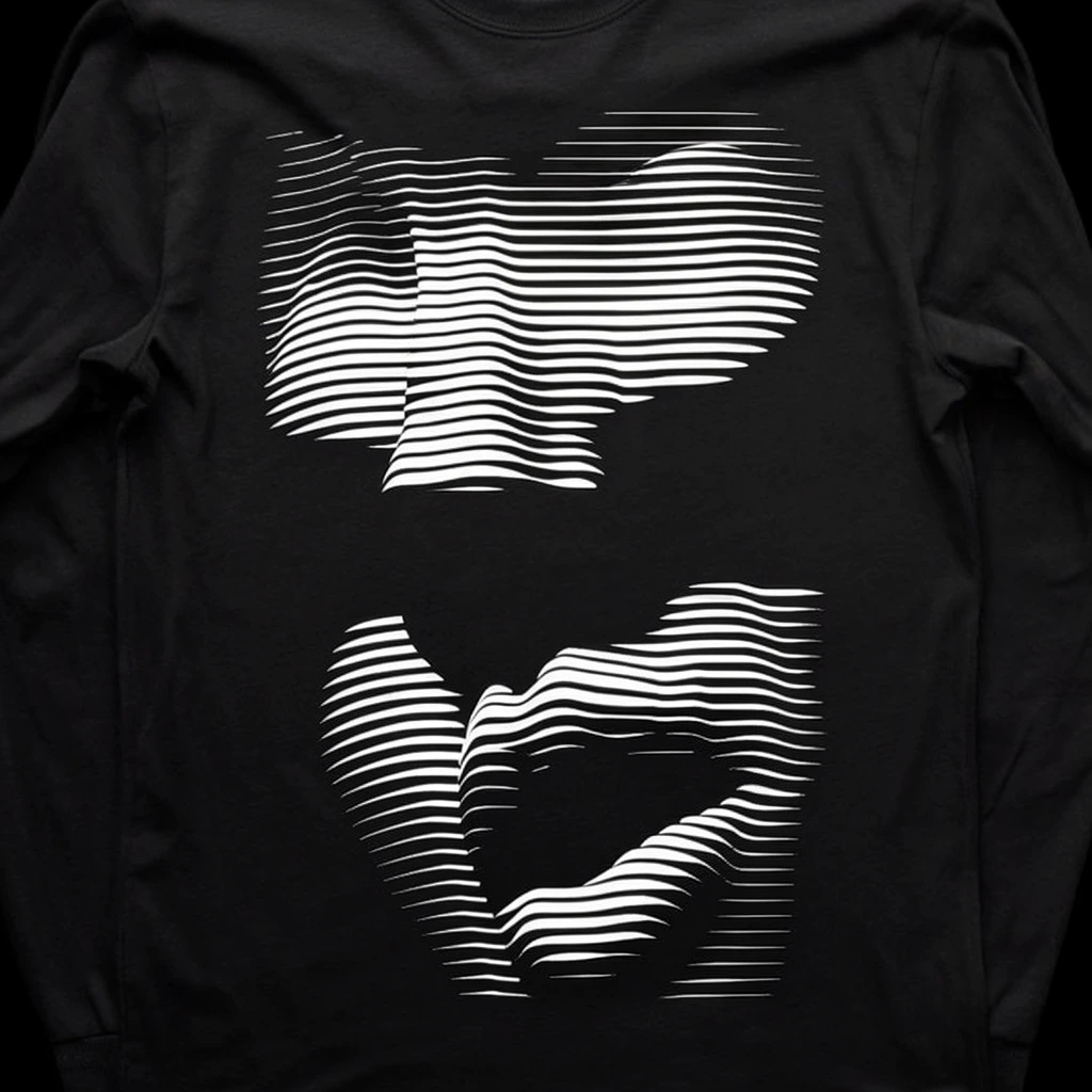 A black long-sleeve shirt features a stark white graphic constructed from horizontal scanlines forming fragmented facial contours. Split into two distinct clusters separated by deep black negative space, the upper section of varying line weights suggests a heavy brow, while the lower cluster shapes a curving, open mouth. The parallel lines fluctuate in thickness to generate a three-dimensional topographic or halftone illusion. Photographed flat, the dark cotton garment blends softly into a pitch-black background, emphasizing the striking, high-contrast retro-digital op-art aesthetic.