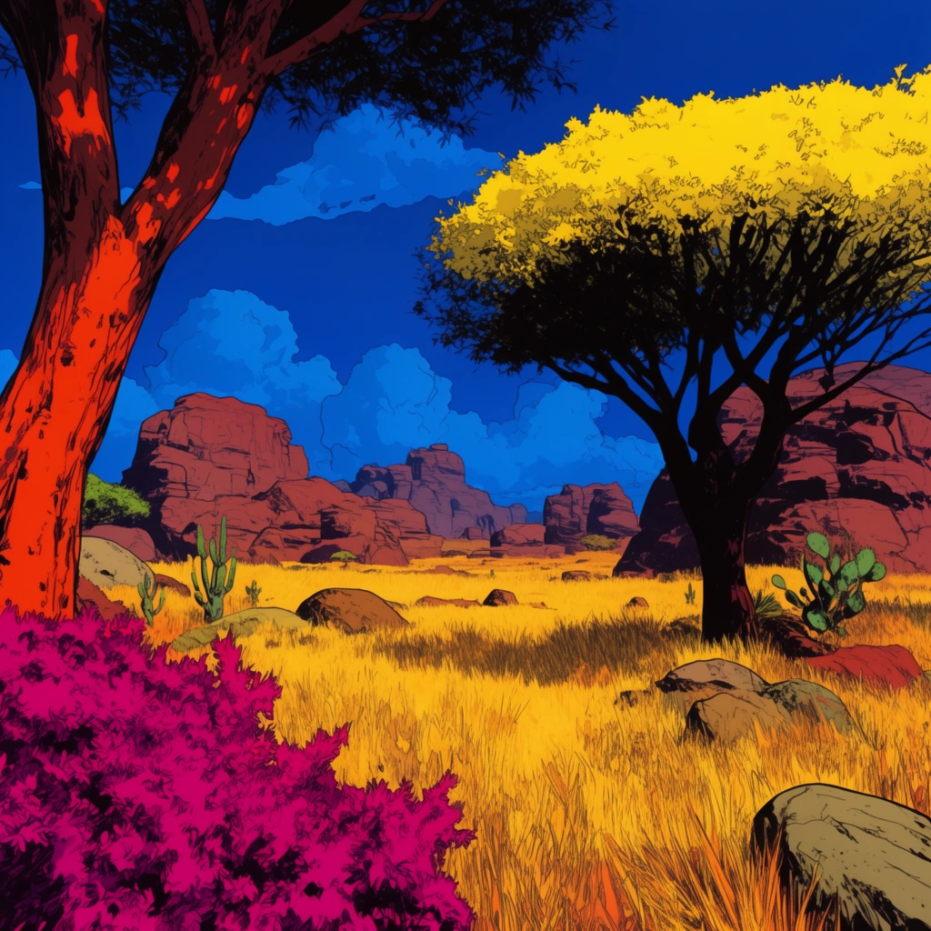 A hyper-saturated comic-book style savanna landscape under a deep azure sky with bright blue clouds. A reddish-orange tree trunk and vivid magenta bushes frame the left foreground. On the right, a dark tree supports a bright yellow canopy. Brilliant golden grass, scattered rocks, and small green cacti lead toward distant reddish-brown rock formations. Heavy black inking and crisp outlines define this high-contrast pop-art illustration.