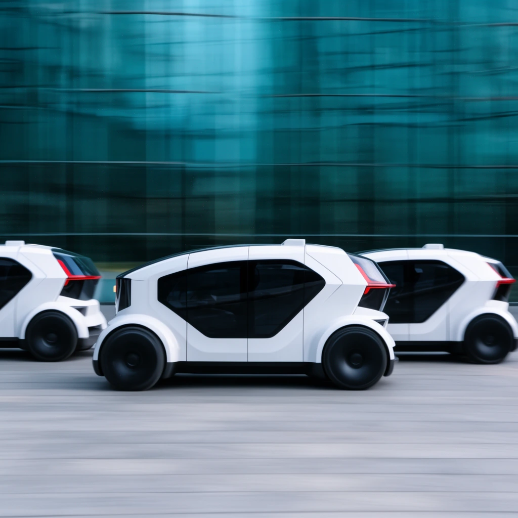 Three futuristic white autonomous vehicles speeding in convoy, sleek angular bodies, large dark tinted side windows, solid black wheels, red taillights, intense horizontal motion blur, modern teal glass building facade background, gray pavement, dynamic panning shot