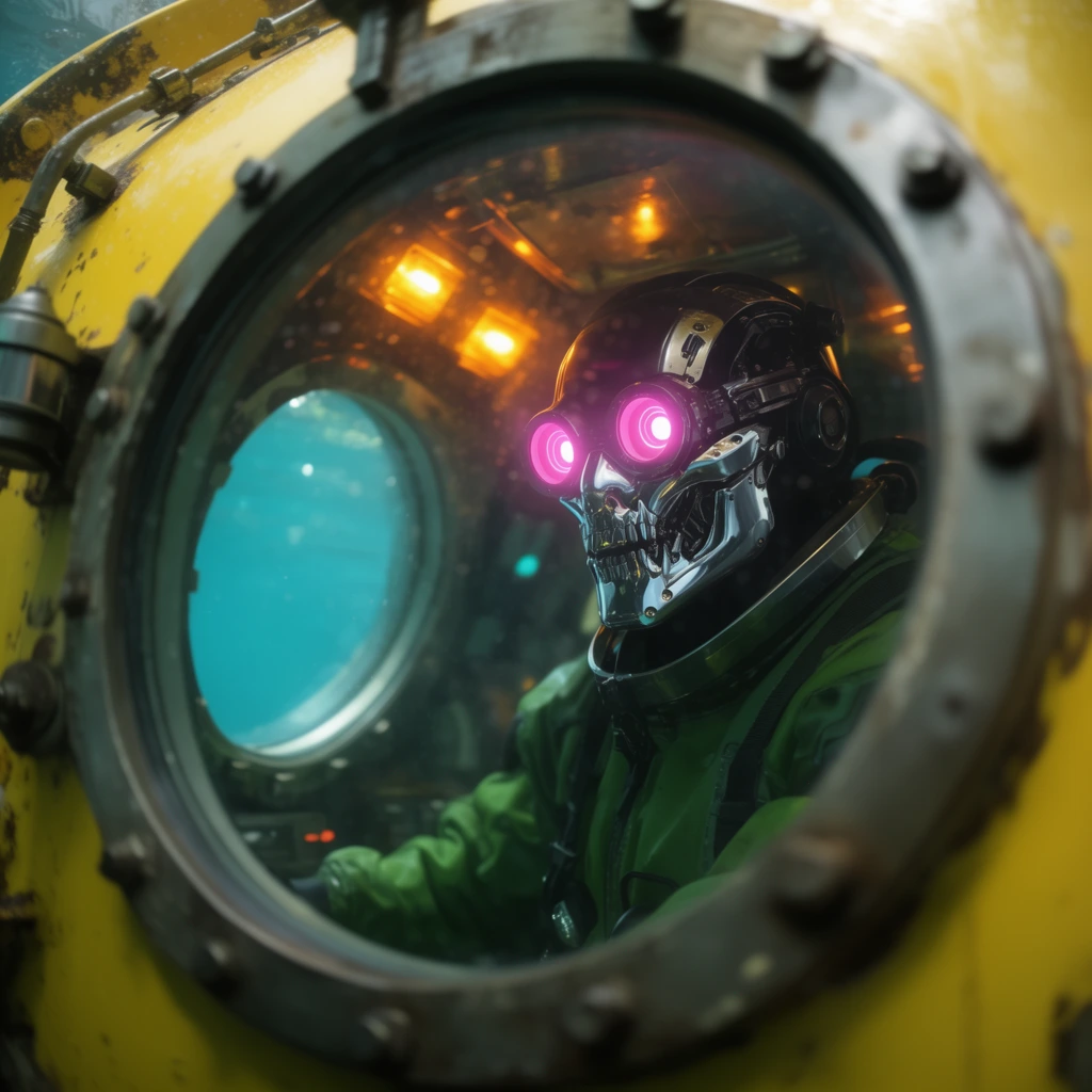 A cybernetic operative with a sleek chrome jaw and a glowing neon-pink ocular visor sits in the cockpit of a bright yellow industrial submarine. Photographed through heavy circular porthole glass, the interior is illuminated by flashing amber warning lights. The operative wears a bulky green diving suit, gazing intently into bright turquoise water outside. The cinematic framing uses shallow depth of field, blurring thick steel window frames in the foreground to focus sharply on the operative's illuminated mechanical facial features.