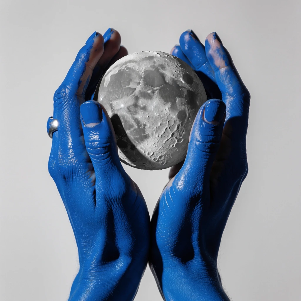 Two hands painted in a vibrant, saturated blue cradle a detailed, spherical representation of the moon against a neutral gray background. The hands are positioned symmetrically, with the wrists meeting at the bottom and the fingers wrapping around the sides of the lunar orb. The blue paint is slightly glossy, meticulously revealing every anatomical detail of the skin, including fine wrinkles, knuckles, and the texture of the fingernails. Held securely within the palms is a miniature moon, rendered in shades of white and gray with high-definition details of its cratered surface, including prominent lunar maria and jagged highlands. A strong light source from the upper left casts deep, sharp shadows on the right side of the hands and the sphere, emphasizing the three-dimensional form of the subjects. The composition is a tight, centered close-up with a vertical orientation, focusing entirely on the hands and the object they hold. The background is a flat, uniform light gray, providing a clean and minimalist environment that accentuates the contrast between the vivid blue pigment and the monochromatic lunar surface. The overall style is surreal and crisp, characterized by high contrast and a clinical photographic clarity.