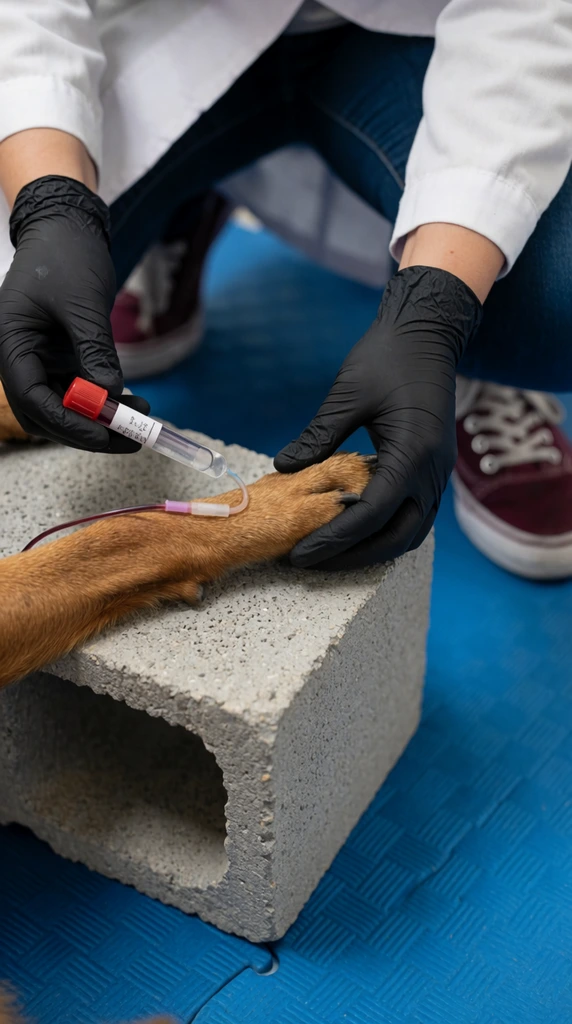 high angle close-up of a veterinary blood draw, hands in black latex gloves holding a clear blood collection tube, thin tubing attached to a dog's brown furred leg, paw resting on a grey concrete cinder block, person wearing a white lab coat and maroon canvas sneakers, sitting on blue interlocking foam floor mats, documentary photography, shallow depth of field