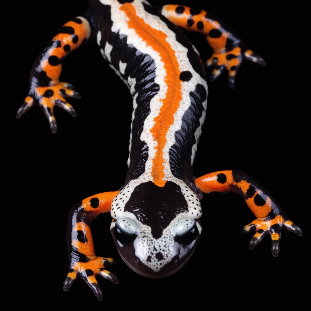 A vividly patterned salamander stretches across a pure black void. The amphibian features a bright orange spinal stripe bordered by undulating patches of stark white and deep black. Its sprawling legs and splayed toes are vibrant orange marked with prominent black spots. Shot from a top-down macro perspective, the moist, bumpy texture of its glossy skin is in sharp focus. High-contrast lighting isolates the saturated colors, emphasizing the highly graphic, natural markings.