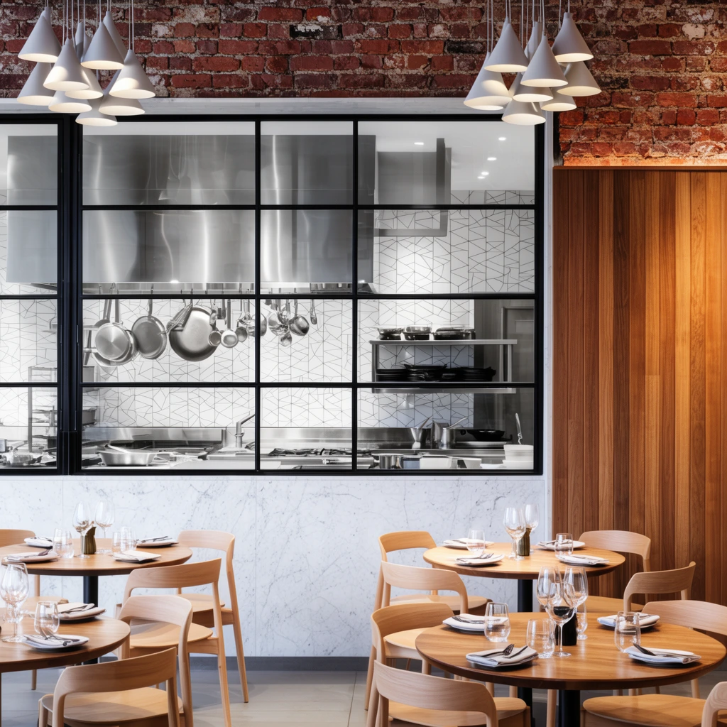 A contemporary restaurant interior showcasing an open kitchen through a large black-framed glass partition, revealing stainless steel equipment, hanging cookware, and geometric wall tiles. The foreground dining area features round wooden tables set with glassware and light wood chairs. The architectural design contrasts sleek white marble panels, warm vertical wood paneling, and rustic exposed red brick on the upper walls, illuminated by clustered cone-shaped pendant lights.