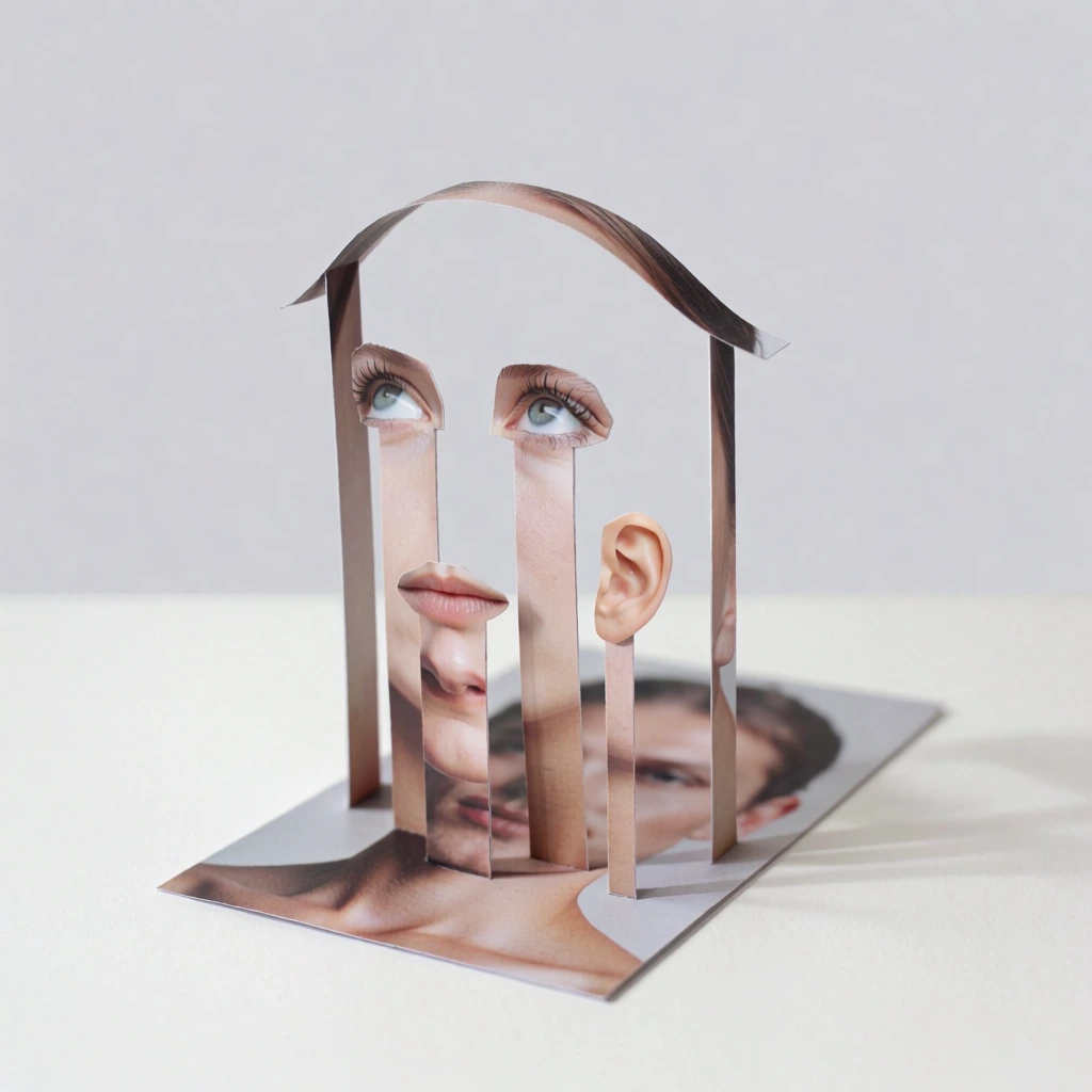 A surreal three-dimensional paper sculpture depicts deconstructed human facial features rising from a flat photograph. Five thin, vertical paper strips stand upright from a rectangular base, supporting cutouts of individual facial features at varying heights. Near the center, two light-blue eyes with detailed lashes gaze upward and to the left. Below these, a small cutout of slightly parted, pinkish lips is held aloft by a shorter strip. To the right, a single fleshy ear cutout is elevated on its own vertical support. A long, thin, curved piece of brown hair arches across the top, held up by strips at its ends to create a skeletal outline of a head's crown. The vertical strips are printed with skin-toned textures, appearing as if they were sliced and folded directly upward from the base. The base itself is a photograph lying flat on a smooth, white surface, featuring a blurry portrait of the same person. The entire arrangement is set against a minimalist, uniform light-gray background. The composition is centered with a shallow depth of field that keeps the foreground paper features in sharp focus while the background and the rear of the base softly blur. Soft, even lighting from the front casts faint, elongated shadows onto the white surface behind each upright paper strip, and the color palette is naturalistic, focusing on pale skin tones, brown hair, and blue eyes.