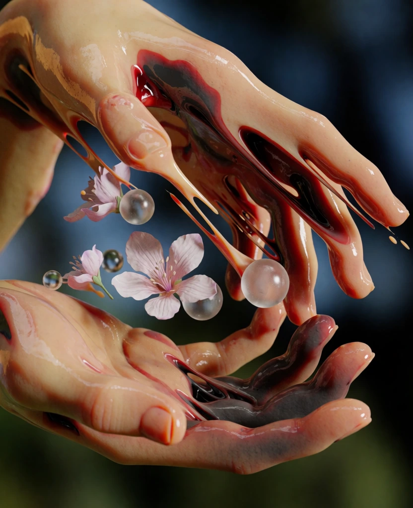 two hands reaching toward each other with one open palm and outstretched fingers, medicinal capsules and delicate flowers floating in the space between, all rendered in a visceral high-gloss liquid-latex aesthetic, warped and melting organic anatomy with fluid-dynamic distortion, intense specular highlights on wet slimy surfaces, a fleshy palette of peach and ochre with deep charcoal shadows and raw crimson accents, hyper-realistic cgi textures, visceral body horror elegance, cinematic
