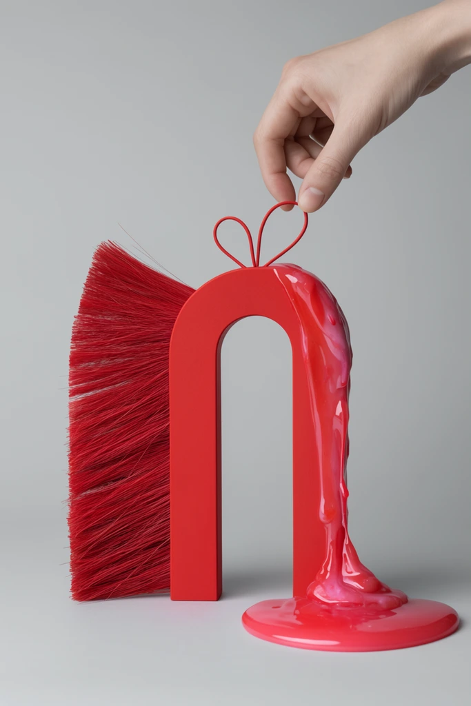 red U-shaped arch sculpture, red bristles fanning from left, glossy pinkish-red slime dripping and pooling on right, two thin red loops on top, pale human hand from top right lightly touching loops, seamless gray background, conceptual still life, soft lighting