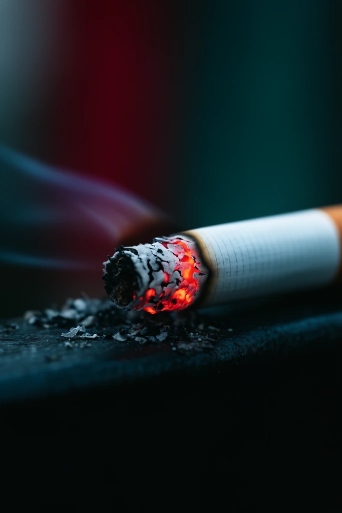 Lit cigarette on a dark edge, glowing red ember, crumbling ash, macro photography, shallow depth of field, blurred dark teal and crimson background, moody lighting