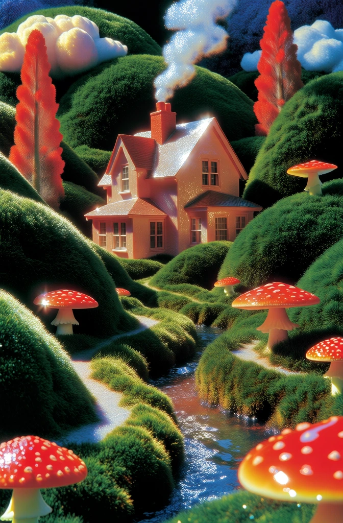 hyper-saturated editorial landscape, rounded puffy hills covered in plush deep green moss, winding path and narrow river flowing side-by-side, central multi-story house with smoking chimney, tall slender trees, puffy white clouds, hyper-real dewy textures with a high-gloss glass-like sheen, vibrant amanita-red accents, hard high-contrast studio lighting, saturated color palette of forest green and primary red, surreal cottagecore fantasy, macro-level detail, ultra-polished finish