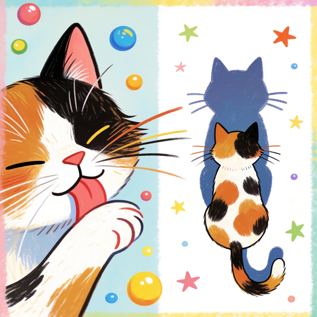 split-panel illustration, left panel extreme close-up of calico cat licking paw, long whiskers, floating colorful spheres, pale blue background, right panel top-down view of calico cat facing a dark blue cat-shaped shadow, white background with colorful stars, whimsical children's book style, textured pastel edges, bright colors
