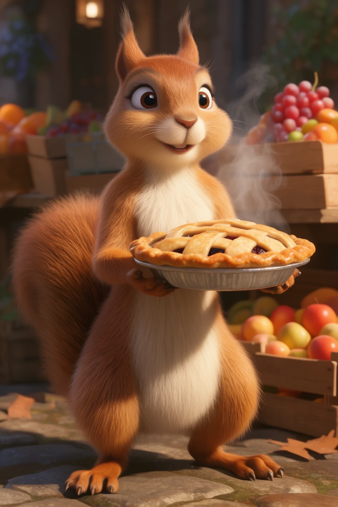 3D animated squirrel standing upright holding a steaming pie, detailed soft fur, rustic market stall background, fresh fruit crates, warm cinematic lighting