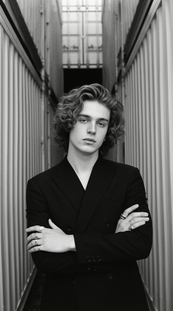 A black and white portrait captures a young man with voluminous wavy hair standing with folded arms inside a narrow corridor of corrugated metal containers. The subject stares directly at the lens with a neutral expression, wearing a dark, tailored double-breasted suit jacket accessorized with multiple silver rings. Tall vertical ridges on the flanking walls create stark leading lines converging into a deep, out-of-focus background. The analogue film photography style highlights a distinct grain texture and soft diffused lighting, emphasizing the sharp contrast between his pale skin and dark attire.