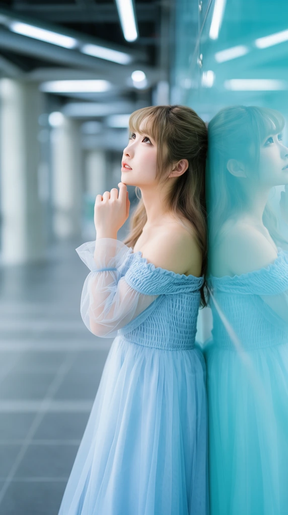 A young East Asian woman in a light blue off-the-shoulder dress with a smocked bodice and sheer tulle sleeves leans against a reflective cyan glass wall in a deeply blurred modern corridor. She gazes upward, her fingers lightly touching her chin. Her light brown hair is styled half-up with soft bangs, and her profile reflects on the glossy surface beside her. The defocused background reveals gray tiled floors, architectural pillars, and cool fluorescent strip lighting. The medium portrait utilizes a shallow depth of field, sharp focus on the subject, and a bright, cool-toned color palette.