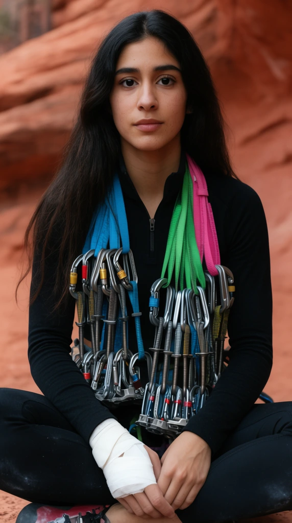 young woman sitting cross-legged, direct calm gaze, long dark hair, black quarter-zip top, black leggings, right hand wrapped in white athletic tape, heavy rack of metal climbing cams and carabiners with vibrant blue green and pink slings draped around her neck and resting in her lap, soft blurred red sandstone cliff background, natural diffused lighting, shallow depth of field, outdoor portrait photography