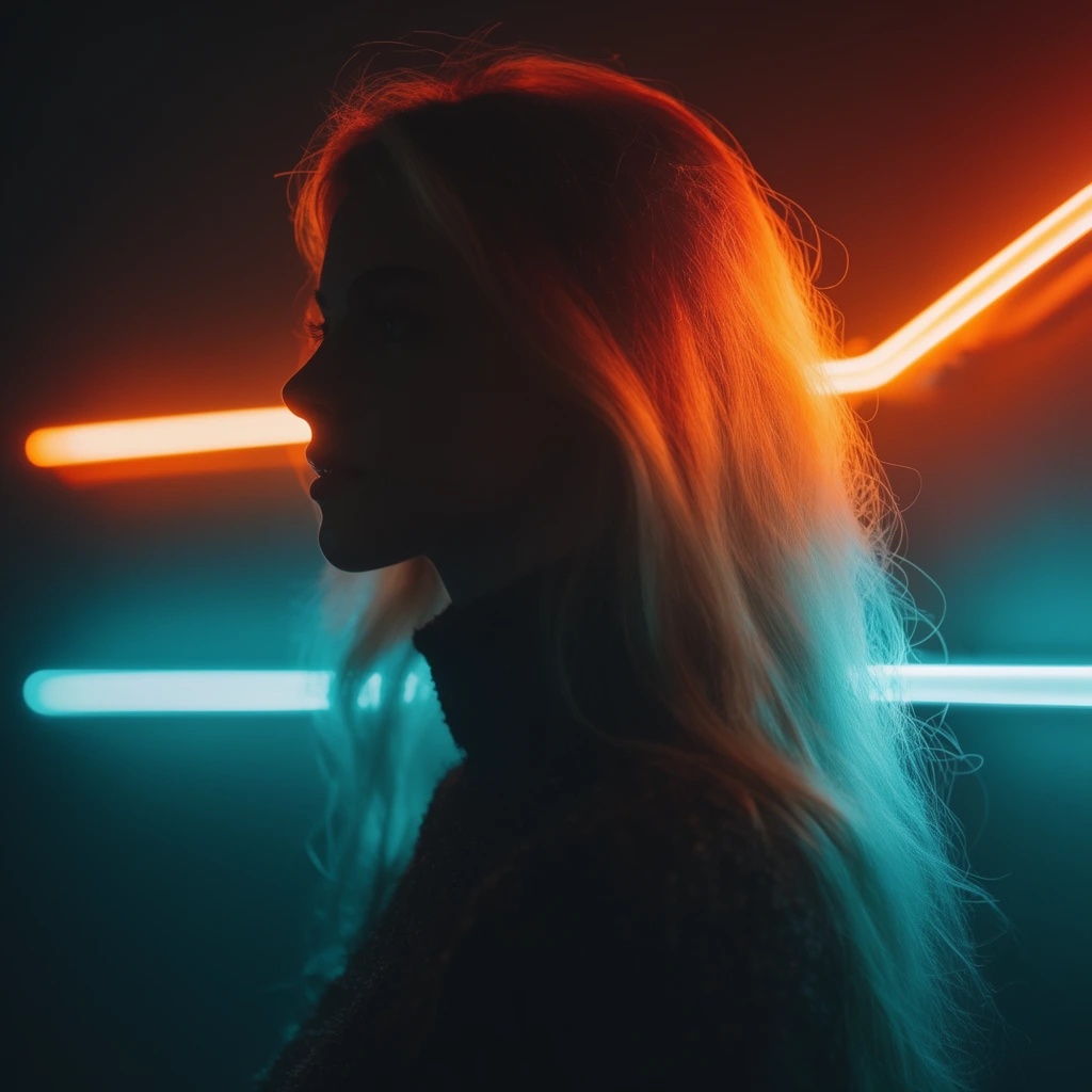 young woman in profile facing left, long flowing blonde hair, dark textured turtleneck, face heavily obscured by deep shadow, dramatic dual-tone neon rim lighting, fiery orange illumination on upper hair and crown, vibrant cyan glow on lower hair and shoulder, dark atmospheric background, glowing horizontal neon tubes behind the subject, upper neon line is orange with an angled bend, lower neon line is straight cyan, cyberpunk aesthetic, low-key lighting, high contrast silhouette effect, cinematic portrait photography, shallow depth of field