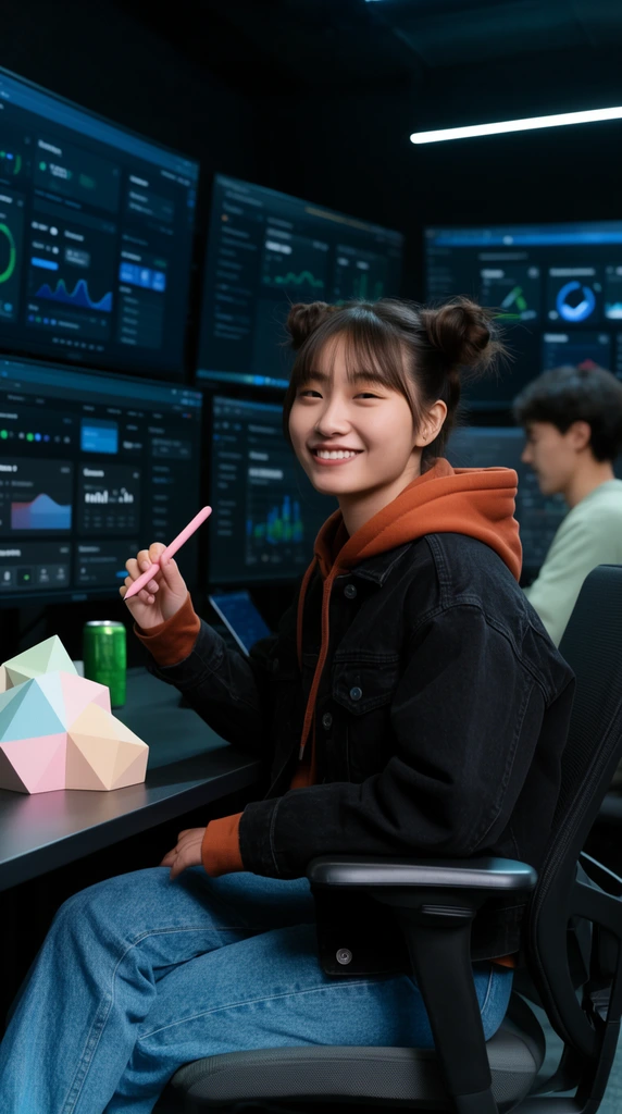 young East Asian woman with twin hair buns smiling in an ergonomic chair, holding a pink stylus, wearing a black denim jacket over a rust hoodie and blue jeans, sitting in a modern dark control room, desk featuring a pastel geometric object and green beverage can, surrounded by glowing monitors displaying dark-mode data dashboards, a second person working in the blurred background, cool cinematic lighting, sharp focus, commercial photography