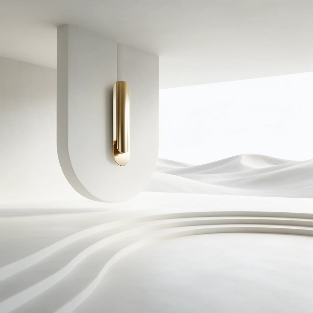 A surreal, monochromatic white architectural space featuring a suspended U-shaped partition with a sleek gold cylindrical fixture. Smooth floors with curved stepped elevations lead to a wide opening, revealing rolling white dunes under a stark sky, illuminated by soft, diffused high-key daylight.