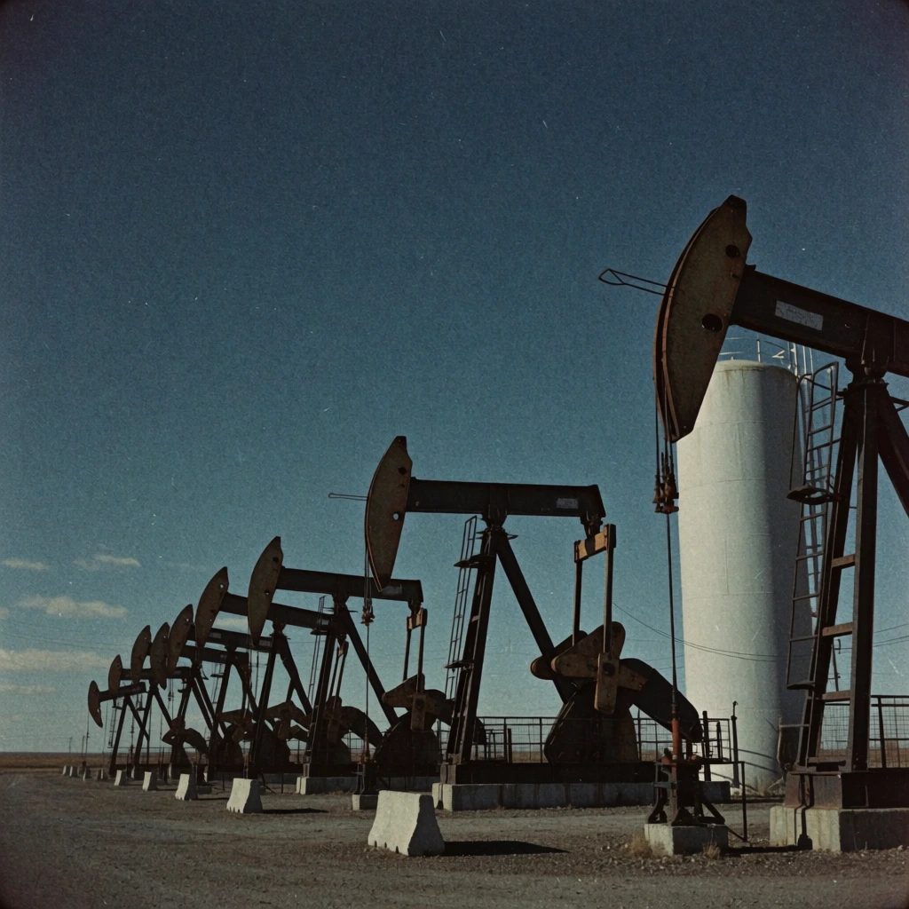 A receding line of dark pumpjacks operates in a flat landscape beneath a deep blue sky. The mechanical structures form a diagonal row starting from a large, partially cropped pumpjack in the right foreground positioned beside a tall, cylindrical white storage tank. The massive pumps extend backward toward the left horizon, their angular walking beams rendered as stark silhouettes. Scattered low concrete barriers sit on the flat ground. The composition features a heavy vintage analog film aesthetic, characterized by dense, coarse film grain, muted contrast, and slightly underexposed lighting. The vast sky forms an expansive gradient of dark azure, enhancing the degraded, lo-fi archival footage appearance.
