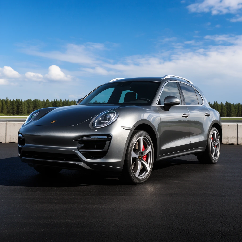 A metallic grey luxury SUV sits parked on smooth black asphalt under a blue sky with scattered clouds. The vehicle features an aerodynamic rounded front, large teardrop headlights, silver roof rails, and five-spoke alloy wheels with red brake calipers. A low concrete barrier separates the foreground track from a distant green pine treeline. Bright daylight reflects off the car's polished exterior in this sharp automotive photograph.