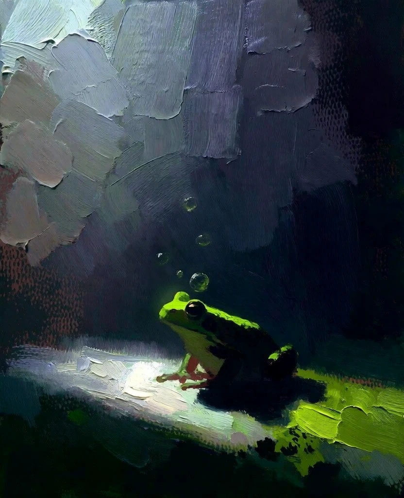 thick impasto oil painting, expressive brushstrokes, dramatic low-key lighting, vibrant neon lime green frog illuminated in a sharp spotlight, translucent air bubbles floating above its head, moody deep indigo and charcoal backdrop with heavy vertical texture, high contrast cinematic composition, painterly aesthetic, minimalist silhouette, ethereal glow, dark surreal atmosphere, heavy paint application, rich saturation against a dark void, moody light-struck foreground
