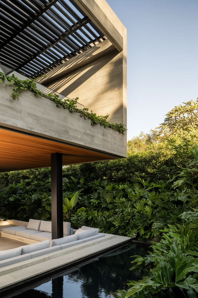Modern brutalist board-formed concrete house exterior, outdoor sunken lounge with a light grey sectional under a warm wood-paneled ceiling, black steel column, narrow dark reflecting pool abutting the patio edge, dense lush tropical garden with vibrant green foliage, upper concrete balcony slatted pergola with trailing vines, strong diagonal cast shadows from golden sunlight, clear pale blue sky, sharp architectural photography, geometric structures contrasting with organic plants