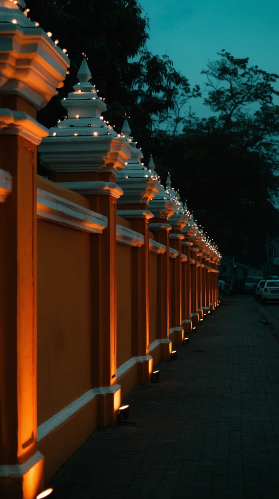 receding ornate wall along a paved walkway at twilight, warm ochre pillars with white trim and tiered tops dotted with small lights, ground fixtures casting warm orange uplighting onto columns, cool teal evening sky, dark tree silhouettes, distant street with parked vehicles, strong linear perspective, high contrast lighting