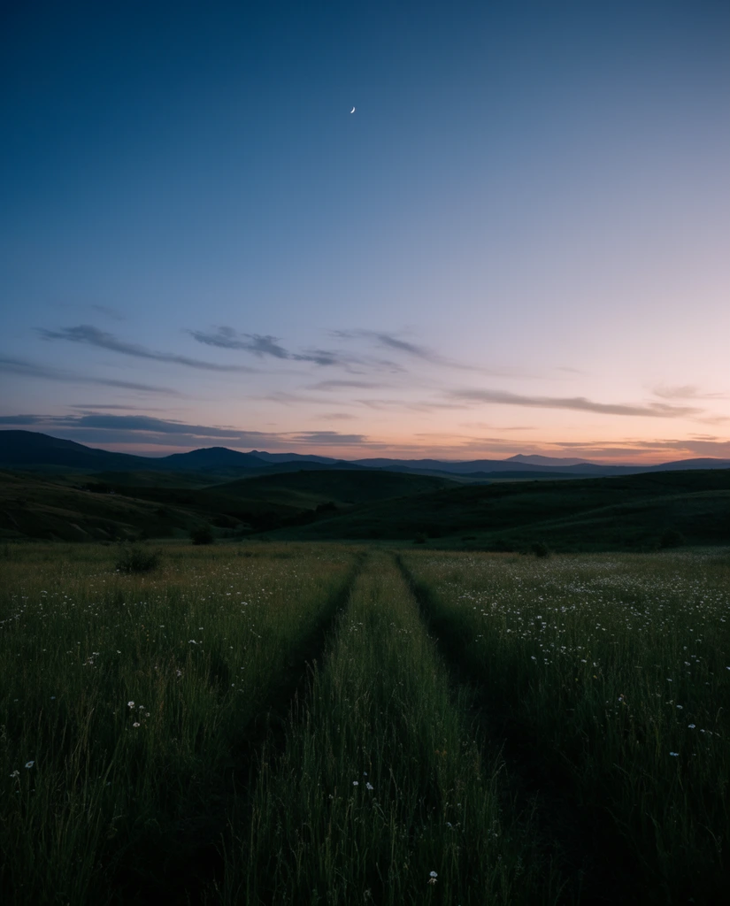 Vast twilight landscape, grassy field with faint parallel tire tracks through tall dark green grass, scattered white wildflowers, dark green rolling hills, distant mountain silhouettes, expansive sky transitioning from deep blue to soft peach and orange at the horizon, tiny crescent moon high in the sky, low ambient light, wide-angle lens, deep depth of field, naturalistic landscape photography