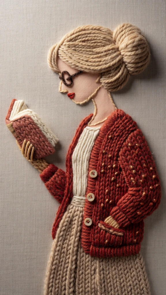 A three-dimensional textile artwork depicts a young woman in profile reading a book, crafted entirely from various types of yarn and fabric against a neutral background. The figure, shown from the waist up and facing left, features hair made of thick, light blonde yarn wound in parallel rows to form a voluminous bun at the back of her head. Her face is constructed from smooth, pale peach fabric with a delicate profile, featuring a small red mouth and dark-rimmed circular glasses perched on a pointed nose. She is dressed in a textured, rust-red knitted cardigan with visible pearl stitches and three small, round beige buttons. Underneath the cardigan, she wears a cream-colored ribbed top tucked into a thick, beige-colored knitted skirt with deep vertical ridges. Her left hand, made of thin tan yarn, holds an open book with a reddish-brown cover and cream-colored pages, while her right hand is partially tucked into the cardigan's pocket. The entire composition is set against a light gray-beige fabric background with a fine, even weave. The lighting is soft and directional from the upper left, casting subtle shadows beneath the raised fiber elements to emphasize the tactile, layered textures of the knitting and wound yarn. The color palette is warm and muted, focusing on earth tones such as rust, tan, cream, and blonde.