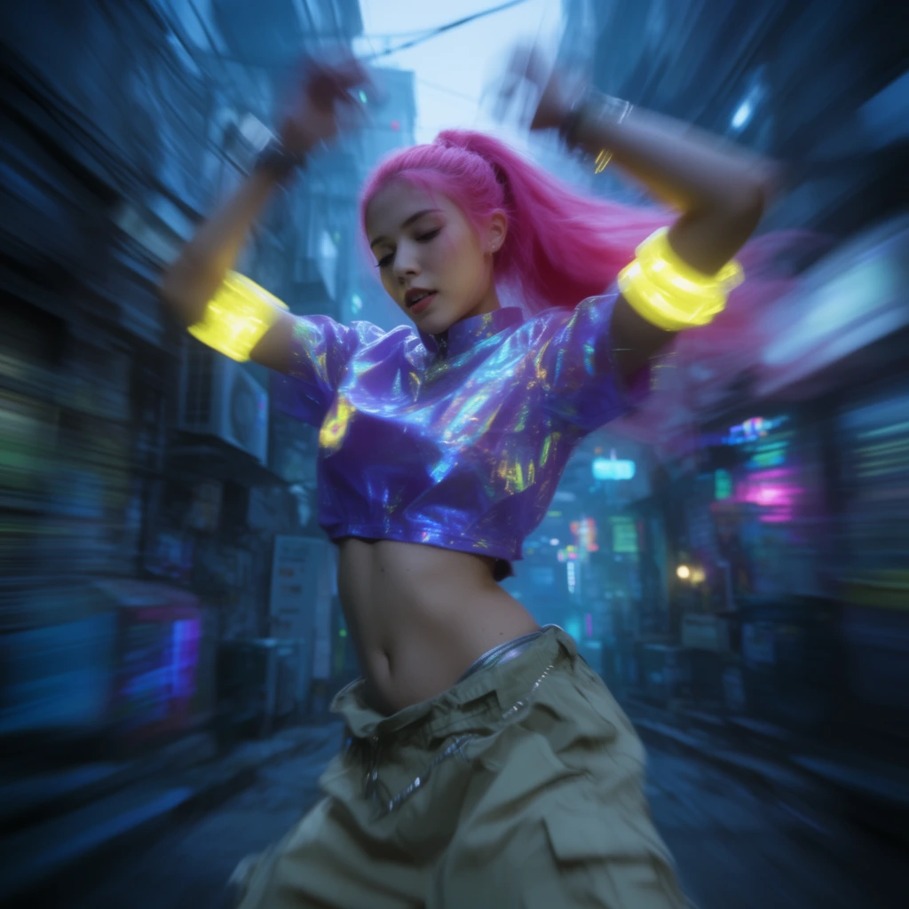 young woman dancing dynamically, vibrant pink hair pulled back, iridescent purple crop top, glowing yellow arm bands, low-rise cargo pants, neon cyberpunk alleyway background, heavy horizontal motion blur, low angle, cool blue lighting, cinematic