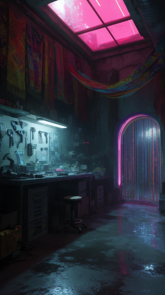 dimly lit cyberpunk workshop interior, glowing workbench with futuristic tools on pegboards, vibrant hanging textiles, glowing arched doorway with bead curtains, wet reflective floor, neon pink skylight, cinematic sci-fi digital art