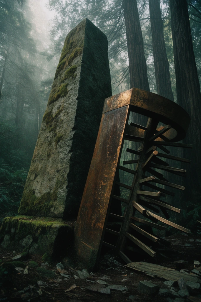 large mossy stone obelisk, towering rusted bronze archway leaning precariously, shattered wooden turnstile, deep misty redwood forest, heavy shadows, filtered daylight, eerie cinematic lighting, 35mm film