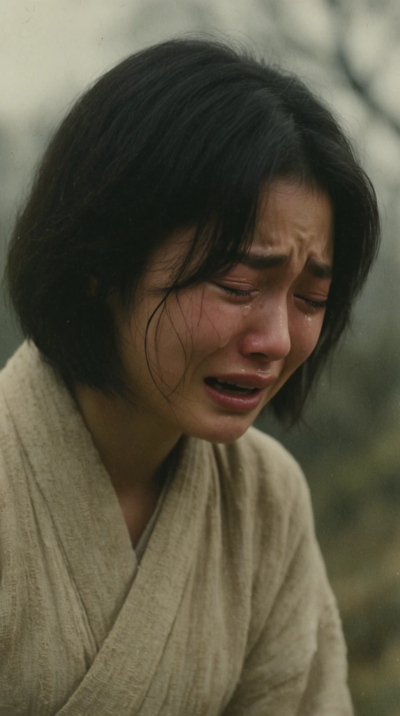 A cinematic close-up of a young East Asian woman with short dark hair weeping in profound sorrow. She wears a textured, light beige traditional wrap garment. Her face angles downward, eyes squeezed shut with wet cheeks and mouth slightly open in anguish, as fine stray hairs fall across her cheek. The softly blurred background shows overcast muted grey-green foliage. The portrait features a vintage film aesthetic with noticeable grain, a desaturated earthy color palette, shallow depth of field, and soft diffused natural lighting.